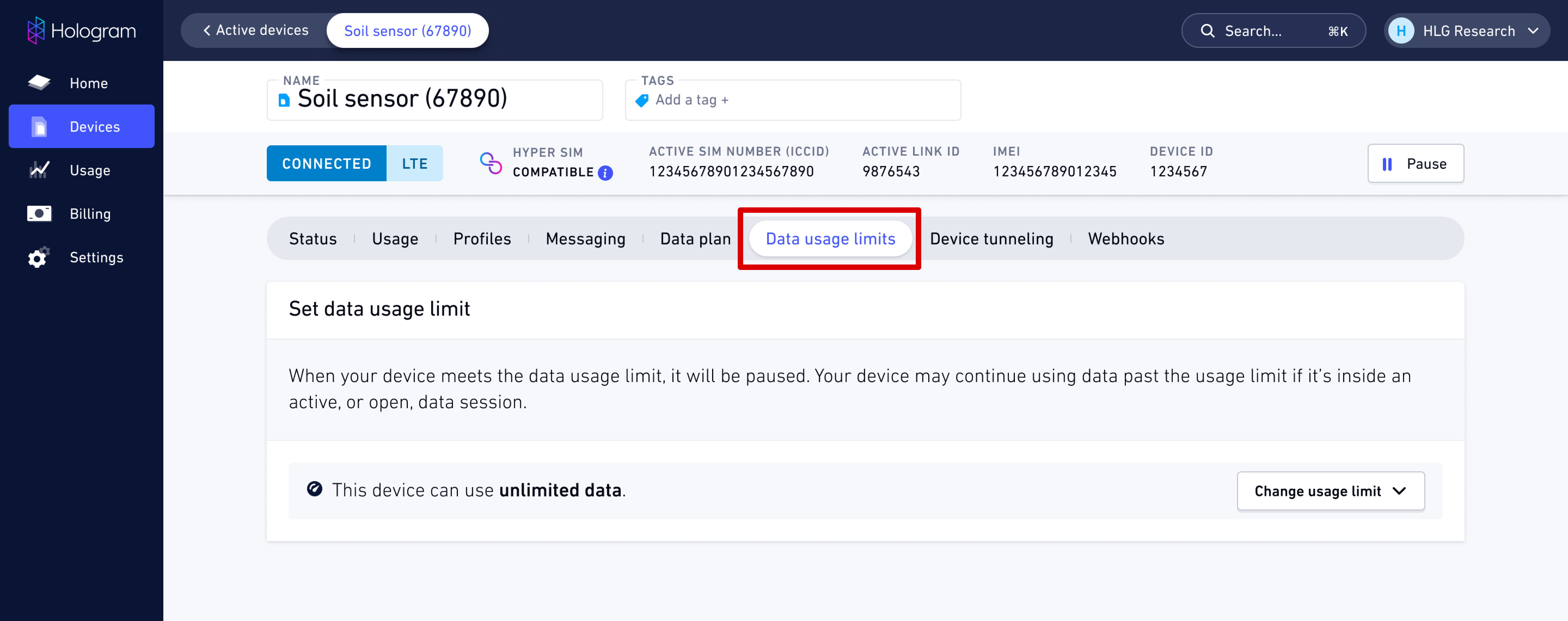 Set data usage limits Hologram