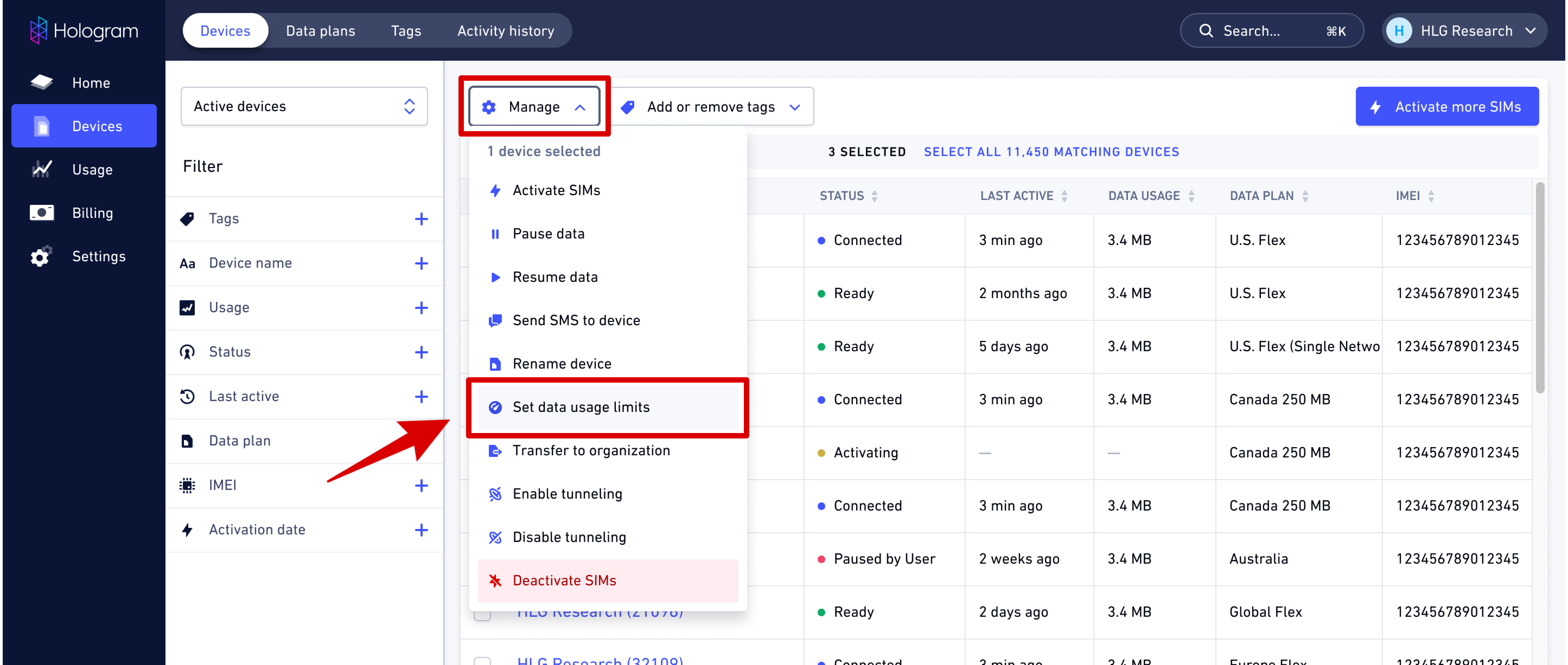 Set data usage limits Hologram
